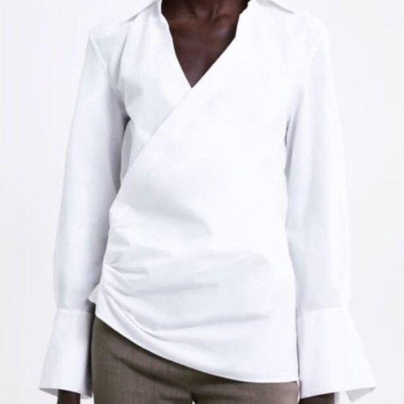 Zara White Cotton Faux Wrap Blouse Size XS NWT - Picture 1 of 8